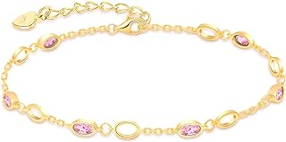 RIVIKO Mothers Day Gifts for Mom,Birthstone Bracelets for Women,925 Sterling Silver Gold Plated Dainty Women Charm Link Bracelet, Adjustable Anniversary Jewelry Valentines Day Birthday Gifts for Her Girls Mom Wife Girlfriend Lady