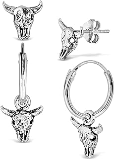 Women's Cow Skull Hoop and Stud Earrings, Crafted in Sterling Silver with Push Back Fastening - Adeley Set
