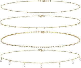 4PCS 18k Gold Plated Waist Chain Rhinestones Beaded Sequins Heart Pearl Butterfly CZ Layered Figaro Belly Chain Minimalist Summer Beach Bikini Body Jewelry Accessories for Women and Girls Adjustable