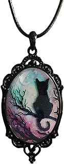 Cat Moon Cameo Necklace - Vintage Gothic Oval Frame Pendant Necklace Mystic Witch Jewelry Gift Accessories