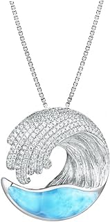 Sterling Silver Natural Larimar and Pave CZ Wave Necklace Pendant (M) with 18" Box Chain