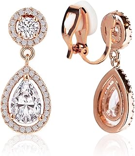 Clip on Earrings, Drop Crystal Clip Earrings in Gold, Rose-Gold, Silver