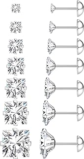 Sparkly Cubic Zirconia Earrings Studs with Screw Back for Men and Women in Stainless Steel by Jstyle, Set of 7 Hypoallergenic Pairs