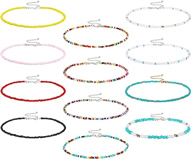 Hicarer 12 Pieces Boho Seed Bead Choker Necklace Colorful Bead Necklaces Rainbow Beach Bead Choker Necklaces for Women