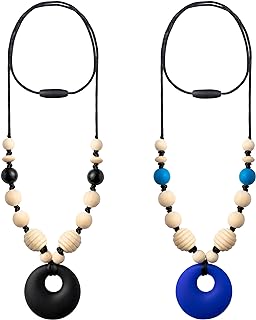 2PCS Baby Teething Necklace for Mom to Wear, Babies Sensory Nursing Necklaces, Wooden Sensory Jewelry Teether Toys for Kids Adults Baby Shower Birthday New Year Gift (Round Pendant)