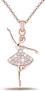 Sterling Silver Box Chain Ballet Dancer Pendant Necklace with Cubic Zirconia for Teens, Women & Girls