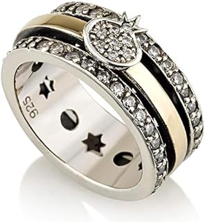 925 Sterling Silver 9k Gold Spinning Ring Pomegranate 0.31" White Round Cubic Zirconia Unique Bible Blessings Rare Israel Gifts Handmade Jewelry Spiritual Hebrew Kabbalah Art Holyland Jewish