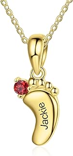 Personalized Footprint Pendant Necklace Custom Engraved 1-6 Names Crystal Birthstone Baby Feet Necklace Mothers Day Gift for Women Wife Grandma