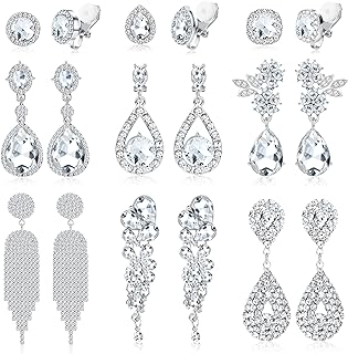 9 Pairs Clip On Earrings For Women Wedding Bridal Chandelier Earrings Teardrop Long Drop Dangle Clip-On Earrings Set Rhinestone Earrings For Brides Bridesmaids Non Pierced Jewelry