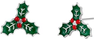 Mistletoe Flower Christmas Stud Earrings Jewelry with Enamel & 925 Sterling Silver Back Posts