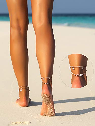 16 Pieces Ankle Bracelets 14K for Women Girls Anklets Set Silver Gold Girls Boho Beach Anklets Foot Chains Adjustable Foot Hand Jewelry Romantic Gift