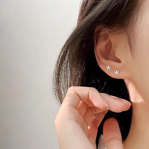 925 Sterling Silver Tiny Flower Stud Earrings, Hypoallergenic Cute Daisy Mini Sleeper Stud Earrings for Women Girls