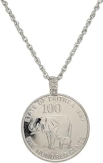Lucky Elephant Coin Pendant Necklace with Rope Chain & Lobster Claw Clasp for Women - Silvertone, Mother-Baby Elephant Design