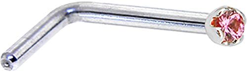Body Candy Solid 18k White Gold 1.5mm Genuine Pink Sapphire L Shaped Nose Stud Ring 18 Gauge 1/4"