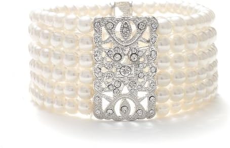 No-Clasp Box Chain Ivory Bead Bracelet with Crystal Gems for Brides and Mothers-of-the-Bride, Vintage Design