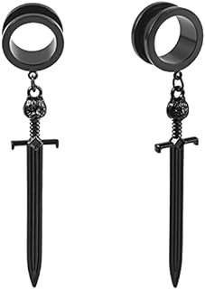 Title: "DOEARKO Stainless Steel 2PCS Dangle Ear Gauges with Cool Sword-Pendant Design - Hypoallergenic Body Jewelry for Various Ear Sizes (2g to 1 inch)"