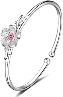 Sterling Silver Plated Cherry Blossoms Flower Cuff Bracelet with Pink Cubic Zirconia for Women, Open Adjustable Design by Ganquya