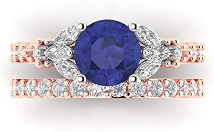 Clara Pucci 2.72ct Round cut 3 stone Genuine Simulated Tanzanite Engagement Promise Anniversary Bridal Ring Band set 18K Rose White Gold