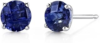 Peora Solid 14K White Gold Created Blue Sapphire Stud Earrings for Women, Classic Solitaire Round Shape, 6mm, 2.25 Carats total, Friction Back
