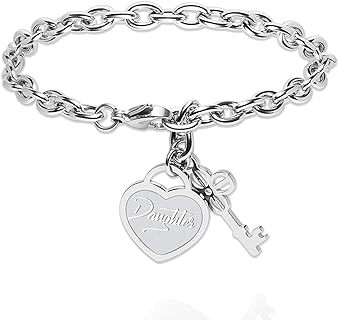 Stainless Steel Link Chain Heart Bangle Bracelet with Lobster Claw Clasp for Women and Teen Girls, Personalized Engraved Pendant Design
