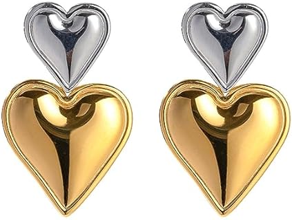 Stainless Steel Heart Drop Earrings with French Wire Back Findings for Women and Girls - Double Heart Dangle Design in Gold and Silver