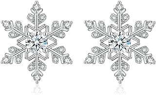 Push Back Sterling Silver Snowflake Stud Earrings with Cubic Zirconia for Women - Winter/Christmas Design