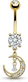 Mooncrush Jewelry 14G Gold Belly Button Rings Dangle Moon Belly Navel Rings for Women Dangling Belly Navel Piercing Jewelry