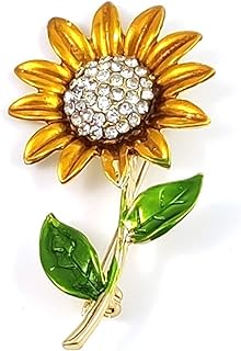 Yellow Flower Rhinestone Sunflower Brooch Enamel Crystal Plant Brooch Pin, Charm Sun Flower Coat Brooch for Women