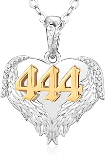 Sterling Silver Angel Number Pendant Necklace with Box Clasp and Cubic Zirconia Gems for Women and Girls, Heart & Angel Wings Design