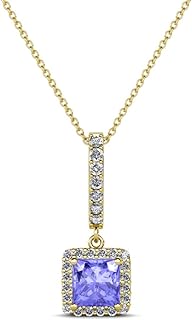 USA-Made Elegant Princess-Cut Tanzanite and Diamond Pendant Necklace Set in 14K Yellow Gold - Includes 18-inch Chain