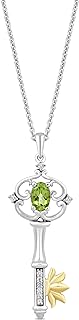 Jewelili Enchanted Disney Fine Jewelry Tiana Water Lily Key 10K Yellow Gold & Sterling Silver Pendant Necklace With Peridot & Round White Diamonds, Cable Chain, Spring Ring Clasp