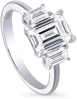BERRICLE Sterling Silver 3-Stone Wedding Engagement Rings Step Emerald Cut Cubic Zirconia CZ Promise Ring for Women, Rhodium Plated Size 4-10