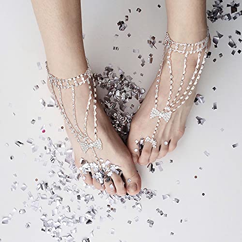 6 Pieces Rhinestone Anklets Barefoot Sandals Silver Feet Chain with Toe Ring Beach Wedding Beaded Anklet Jewelry for Women Girls