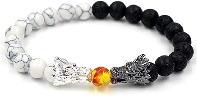 COLORFULBLING Bead Bracelets for Men and Women Natural Black Lava & White Howlite Buddha Dragon Beaded Stone Bracelet Good Luck Charm Jewelry Gift Adjustable