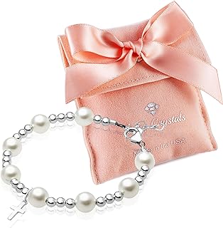 Elegant Pearl Beaded Bracelets, Christening Bracelet for Girls, Sterling Silver Cross Charm, Baptism Gifts for Girl, Kids Keepsake Birthday Gift