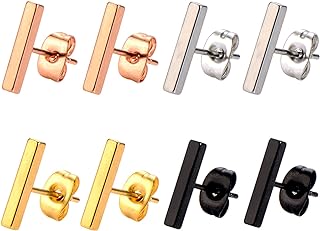 Mudder 4 Pairs Stud Earrings Stainless Steel Line Stick Stud Earring Rectangle Bar Stud for Men and Women, 4 Colors
