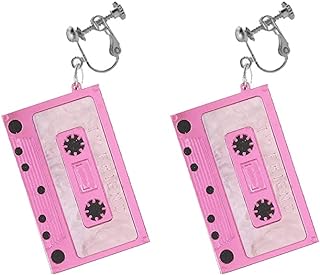Clip-On Retro Cassette Tape Earrings for Women & Girls, Non-Pierced 1980s Party Costume Accessory, Love Heart Design, Acrylic with Zinc Metal Type - No Gemstone