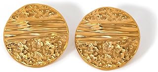Gold Large Chunky Round Stud Earrings for Women，Statement Irregular Hammered Texture Trendy Vintage Jewelry