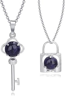 Best Friends & Couples Obsidian Gem Lock and Key Pendant Necklace with Durable Stainless Steel Omega Chain & Lobster Claw Clasp - 18 Inch