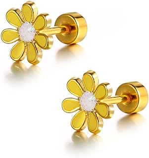 18G Cute Daisy Flower Stud Cartilage Earrings for Women Girls 14K Gold Plated Stainless Steel Enameled Dainty Screw Back Studs Sleeper Tragus Post Hypoallergenic Piercing Body Jewelry