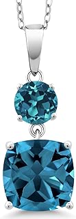 Spring Ring Clasp London Blue Topaz Pendant Necklace, Sterling Silver Chain for Women, Cushion and Round Cut Design