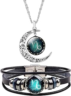 Capricorn Zodiac Sign Pendant Necklace with Lobster Clasp - HUASAI Hand Woven Leather Bracelet, Hypoallergenic Alloy Jewelry Set