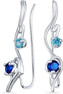 Swirl Wire Ear Pin Climbers Aqua Blue Cubic Zirconia Earrings For Women Simulated Sapphire CZ Crawlers Sterling Silver