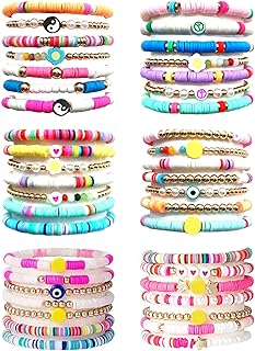 42Pcs Lobster Claw Y2K Beaded Bracelets with Bead Chain for Women, Heart-Star-Evil Eye Polymer Clay Design, Elastic Bohemian Layering Summer Jewelry