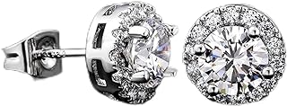 18K White Gold Plated Round Cut Moissanite Halo Stud Earrings Hypoallergenic Jewelry