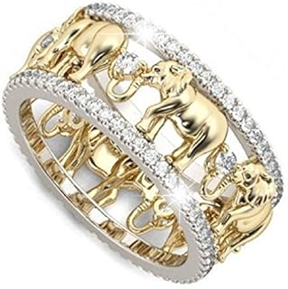 18K Gold-Plated 925 Sterling Silver Elephant Wedding Ring with Cubic Zirconia for Men and Women, Unique Elephant Family Design