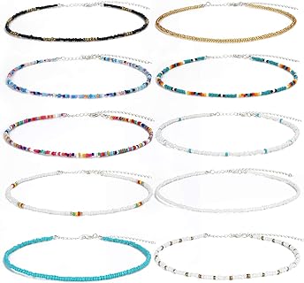 SCIONE Beaded Necklace 10 Pieces Tiny Seed Beaded Necklace Bohemian Hawaiian White Rainbow Adjustable Colorful Necklaces for Women Girls