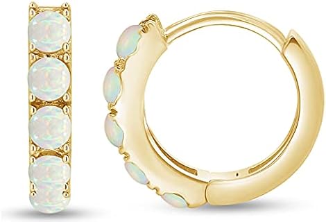 AFFY Round Cut Created Opal Gemstone Huggie Hoop Earrings In 14K Gold Over Sterling Silver Jewelry For Women
