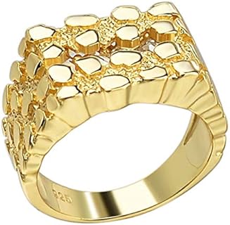 14K Yellow Gold Finished Nugget Wedding Ring with Cubic Zirconia for Men and Women, Sliver Sterling Unique Shape, Size 6-13