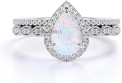 Halo Art Deco Milgrain Pear Shaped Created Opal 925 Sterling Silver Engagement Wedding Ring Set for her Wedding Ring Set 6